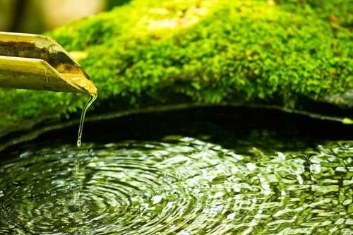 竹筒から流れる水と波紋のある鹿威し