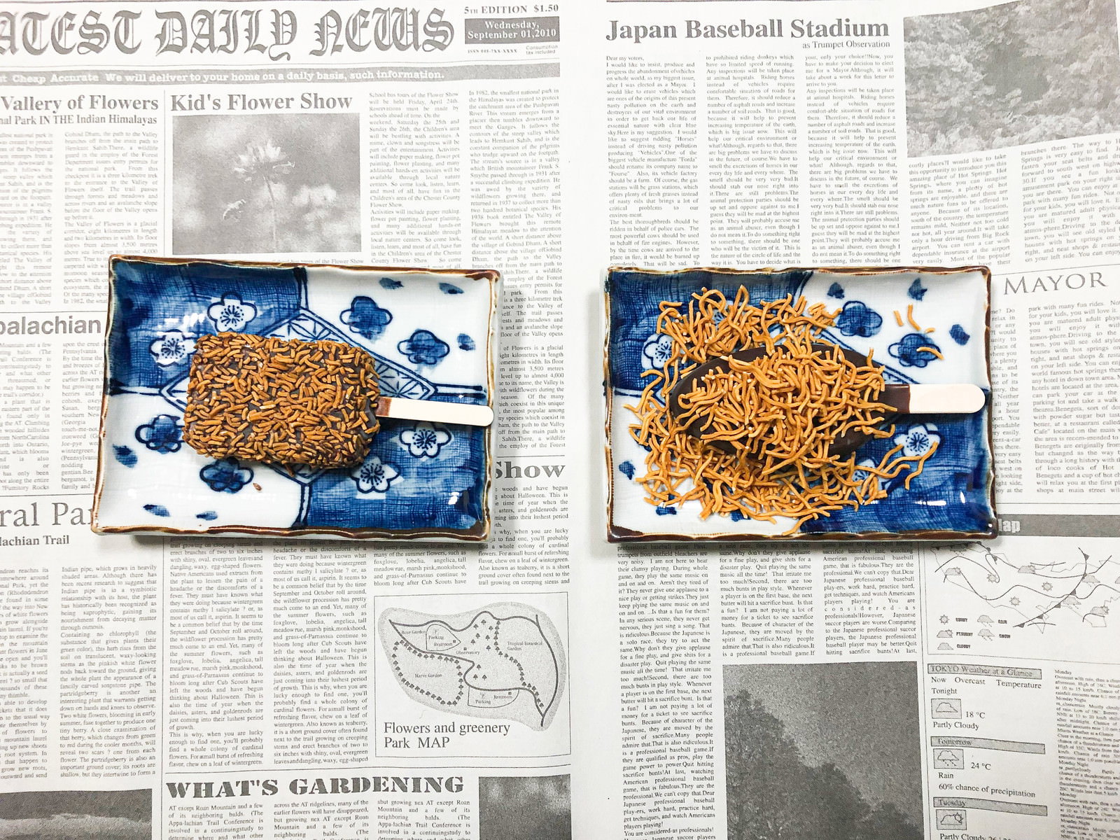新聞の上に並んだチキン味ラーメン菓子つきチョコアイスバー2本