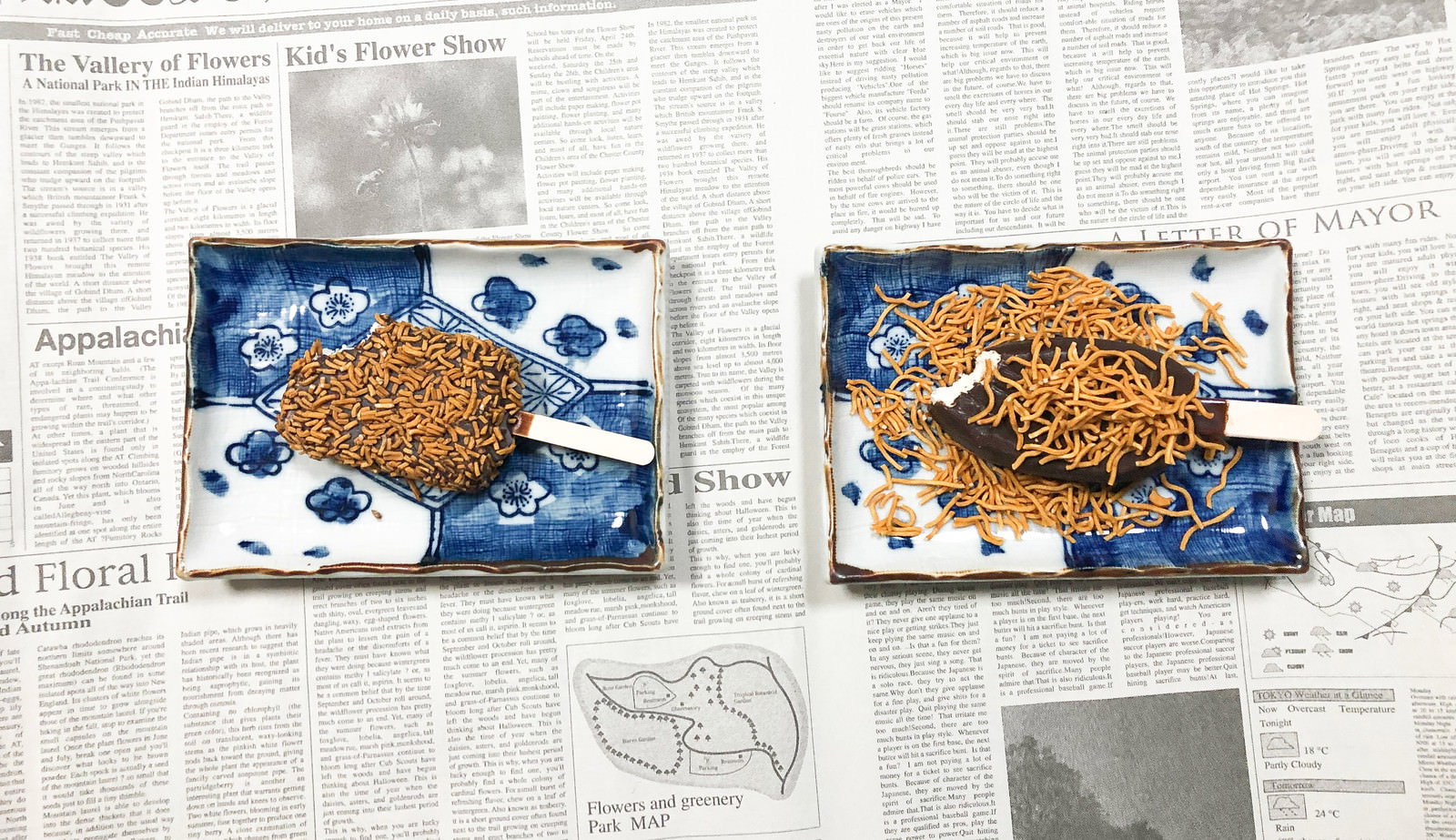 新聞の上に置かれた2本の一口食べたチョコアイスバー