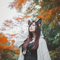 キツネ耳を付けた女性とモミジの紅葉・秋の屋外ポートレートの写真