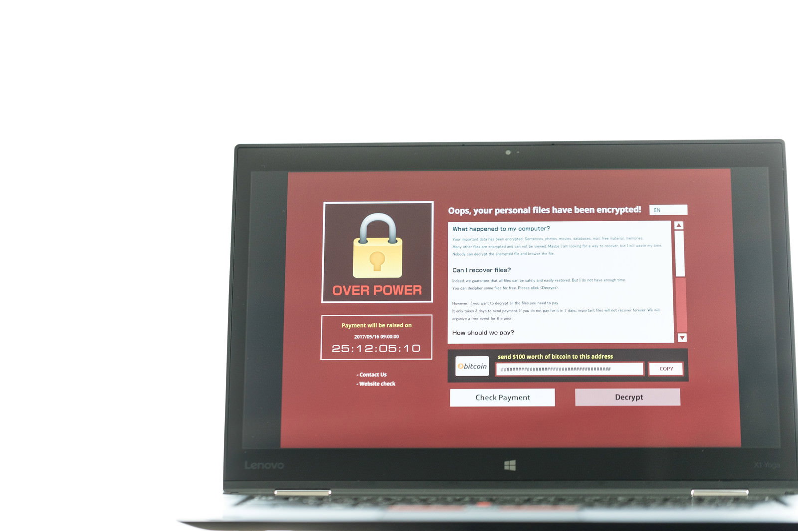 赤い警告画面が表示されたランサムウェア感染ノートパソコン
