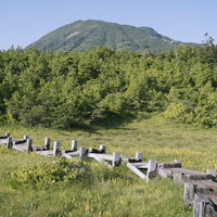 木道の先に見える燧ヶ岳の山頂の写真