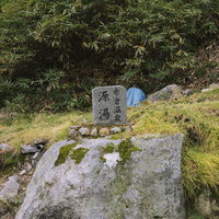 妙高山麓の赤倉温泉源泉を示す歴史的な石碑と竹林の景観の写真