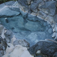 妙高山の山中で湯が満たされた岩で作られた野湯の写真