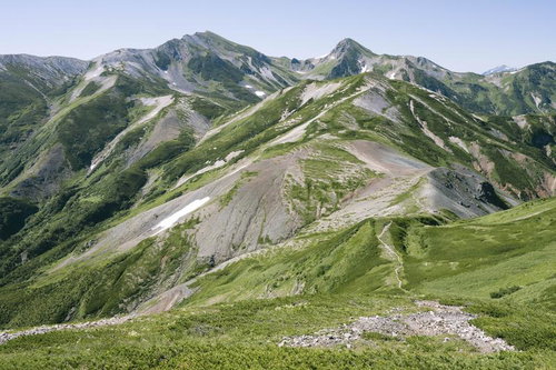 雪倉岳から見る白馬岳の稜線と登山道、北アルプスの夏山風景