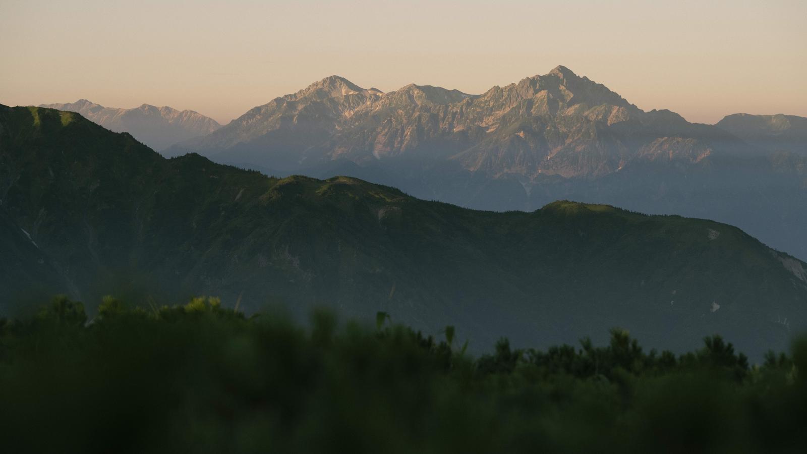 朝日岳から見える夜明けの立山連峰。手前の森がシルエットになり、背後の山々が朝日に照らされている