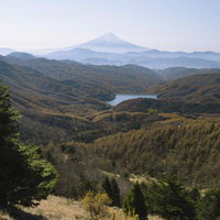 大菩薩嶺から望む富士山と秋の山々、樹林と湖の絶景の写真