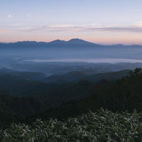 蓼科山と諏訪湖を望む大河原峠からの朝焼けの写真