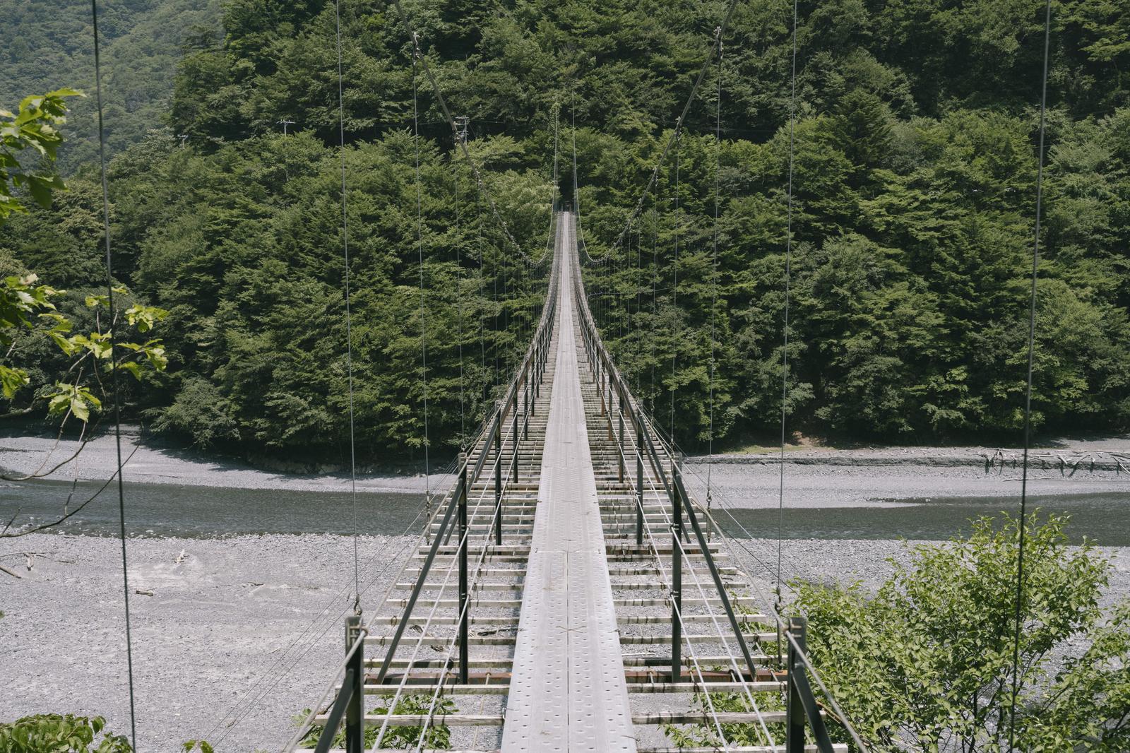 光岳へ向かう長大な吊り橋が樹林に囲まれた川の上に架かっている