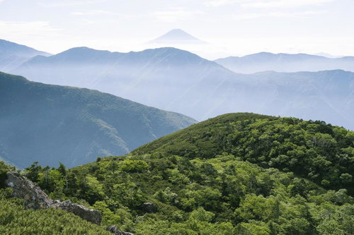 南アルプス光岳から望む重なり合う稜線と遠景の富士