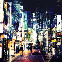 神田の夜の繁華街で撮影した多重露出フォトモンタージュの写真