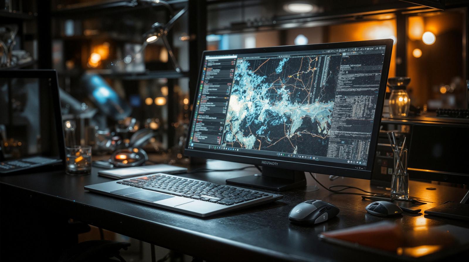 暗号化されたコードが映るモニターと机上の作業環境