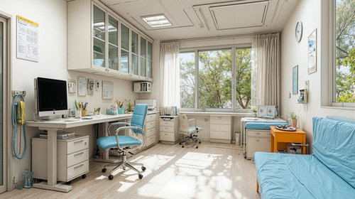 落ち着きと清潔感が漂う診療所の診察室、医療機器と書類が整然と配置