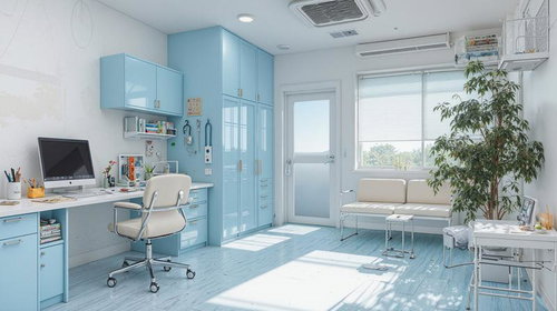 診療所の壁際に並ぶ医療機器とパソコンの待合室