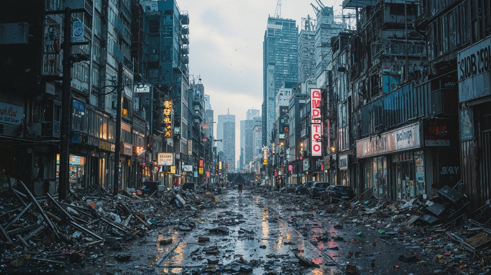瓦礫が散乱した廃墟都市。ネオン看板が光り、奥に崩壊したビル群が見える