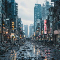 瓦礫と廃墟に包まれた世紀末都市の荒廃した街並みの写真