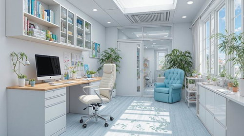 植物と光に包まれた明るい診察室、清潔感あるモダンな医療スペース