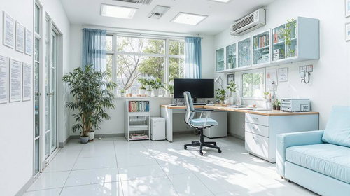 大きな窓から光が入る整理整頓された診察室の医療空間