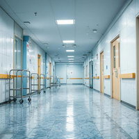 静まり返った無人の病院の廊下と病棟通路、蛍光灯と医療用ドアの写真