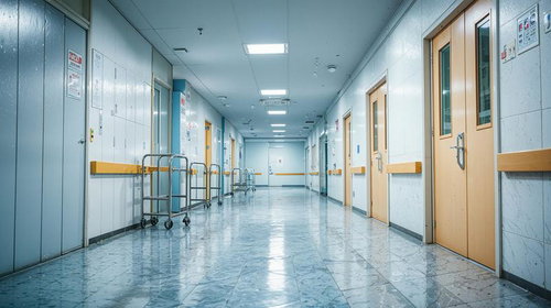 静まり返った無人の病院の廊下と病棟通路、蛍光灯と医療用ドア