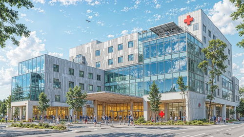 モダンな医療施設の外観と広場、白グレー基調の近代建築