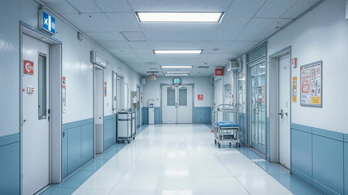 病院の手術室前の広い廊下と通路、ストレッチャーと複数の扉