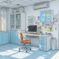 水色を基調とした清潔感のある診察室のデスク周辺の写真