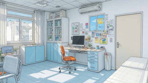 水色を基調とした清潔感のある診察室のデスク周辺