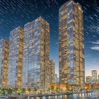 夜明け前の高層ビル群を覆う落雷の雷雲と稲光の写真