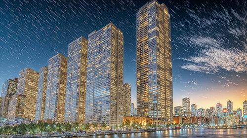 夜明け前の高層ビル群を覆う落雷の雷雲と稲光