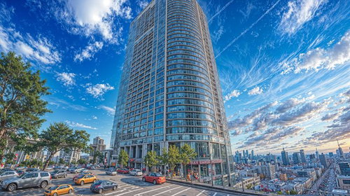 青空に映える高層マンションと駐車場の都市風景