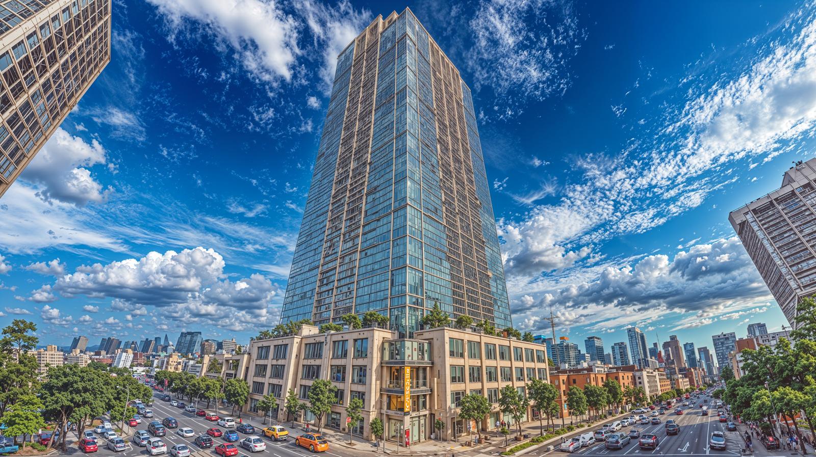 青空を背景にした高級タワーマンションと周囲の都市風景