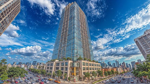 青空を背景に中央に佇む高級タワーマンション