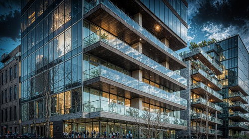 灯りがともる夜間のモダンレジデンス、ガラス張りバルコニーの集合住宅