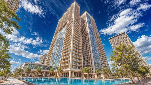 青空の下でそびえ立つ高層タワーマンション群とプール