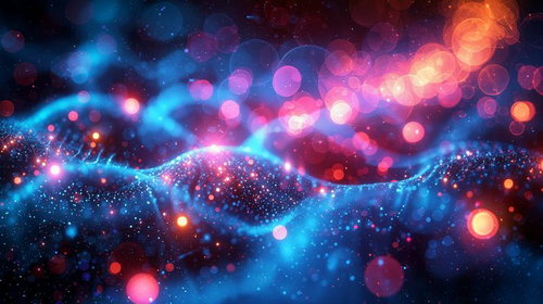 青とピンクの光粒子が流れる抽象的エネルギー波動