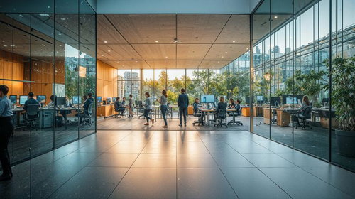 ガラス張りモダンオフィスで夕日に照らされながら働くビジネスパーソン