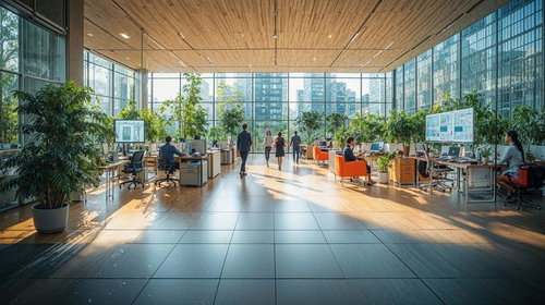 緑に囲まれた開放的なオフィス空間