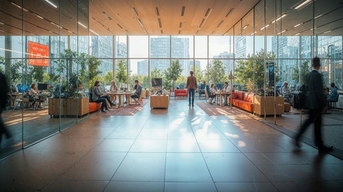 ガラス張りのロビーで過ごす人々の様子