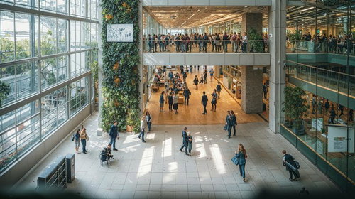 都市型ビルの共有スペースに集う人々の多様な風景と空間