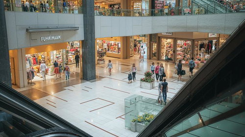 複数フロアで賑わう大型テナントビルの館内風景と来店客の歩行者風景
