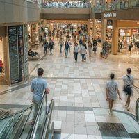 複数階層のショッピングモール内で買い物をする多くの利用客の写真