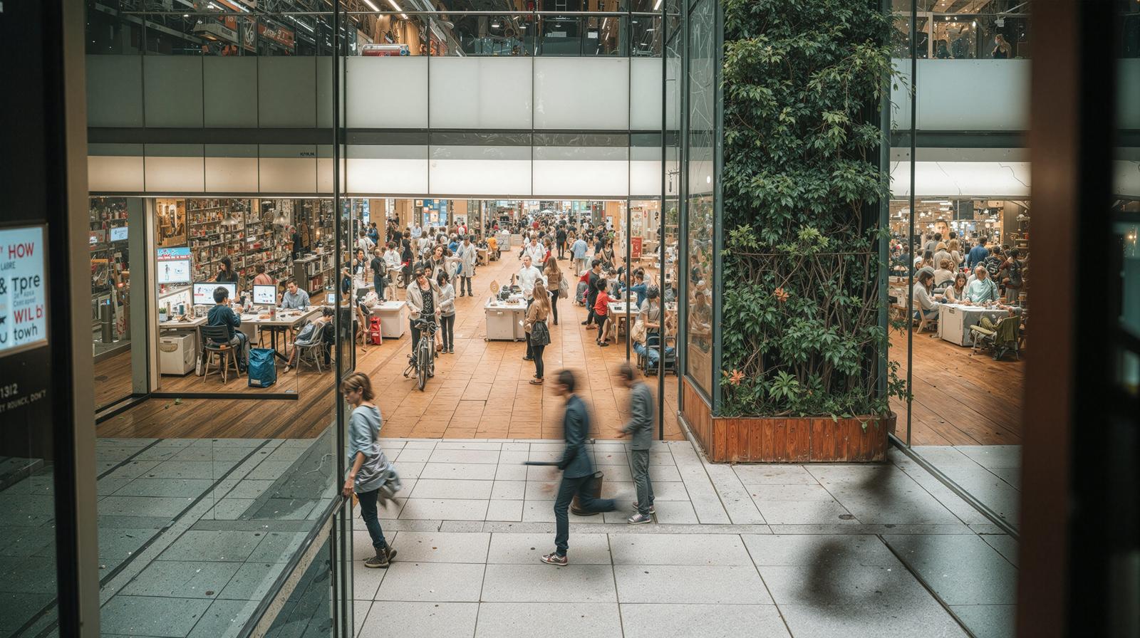 Multiple visitors walking on a shopping mall floor with foliage plants
