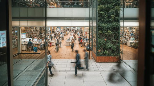 観葉植物のあるモール内フロアの人通り