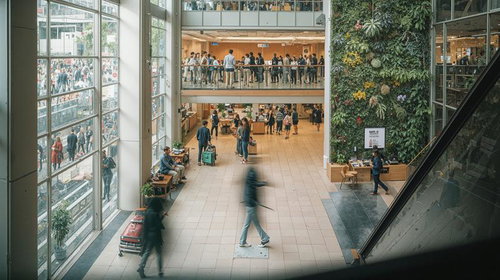 吹き抜けのショッピングモールを行き交う人々