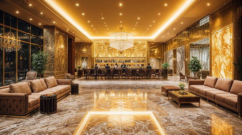 大理石床の広々としたホテルラウンジ、ソファが並ぶくつろぎ空間