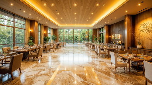 温かみのある照明が包むラグジュアリーホテルロビー