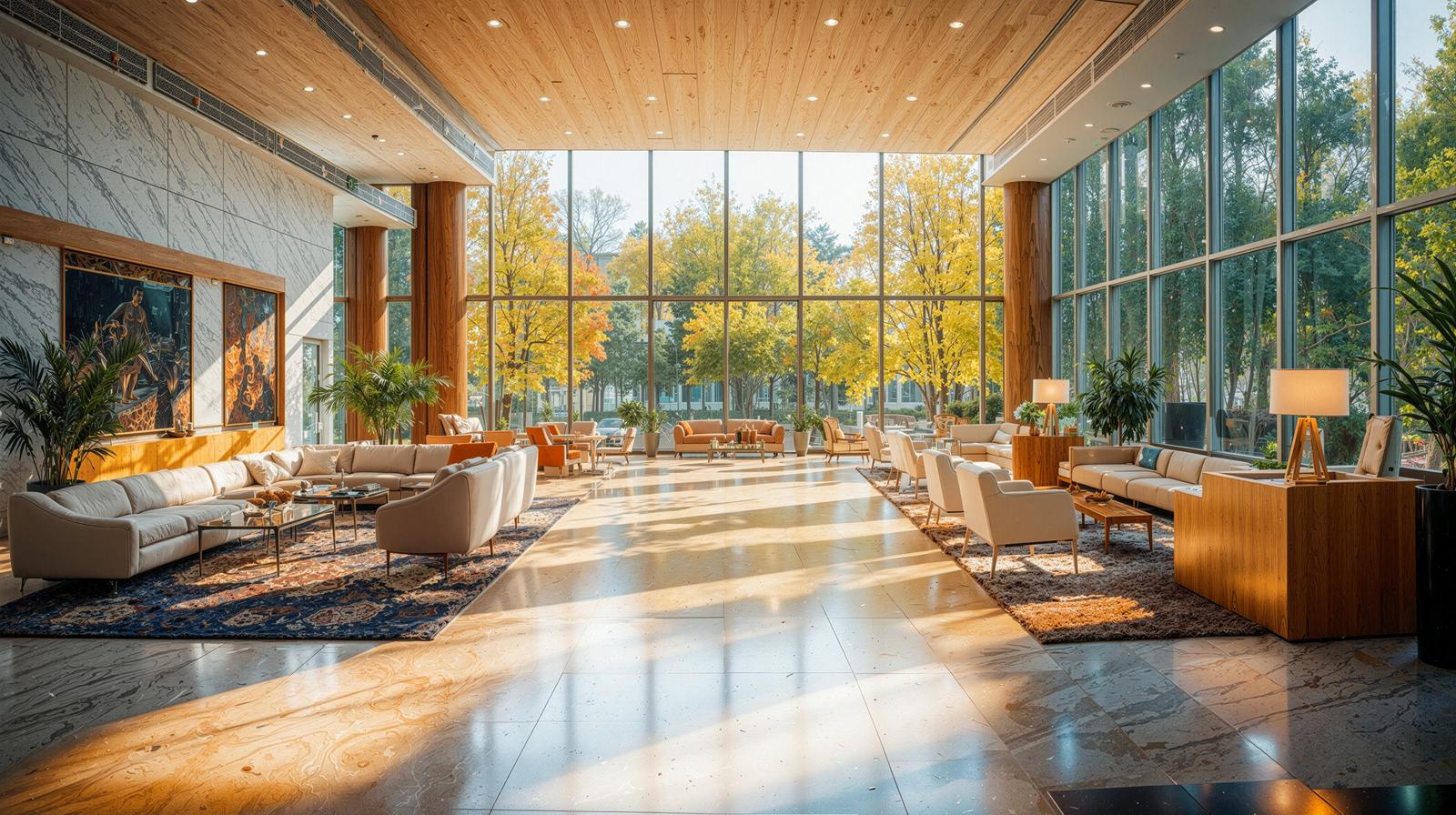 紅葉が見える大きなガラス窓とソファが並ぶホテルロビーのラウンジ