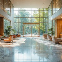 森に面した吹き抜けのホテルロビーの写真