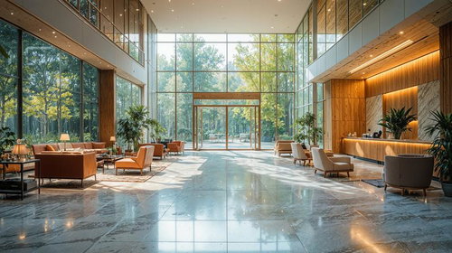 森に面した吹き抜けのホテルロビーの写真
